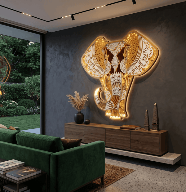 3D Layered Wooden Elephant Mandala Wall Art with LED Lights