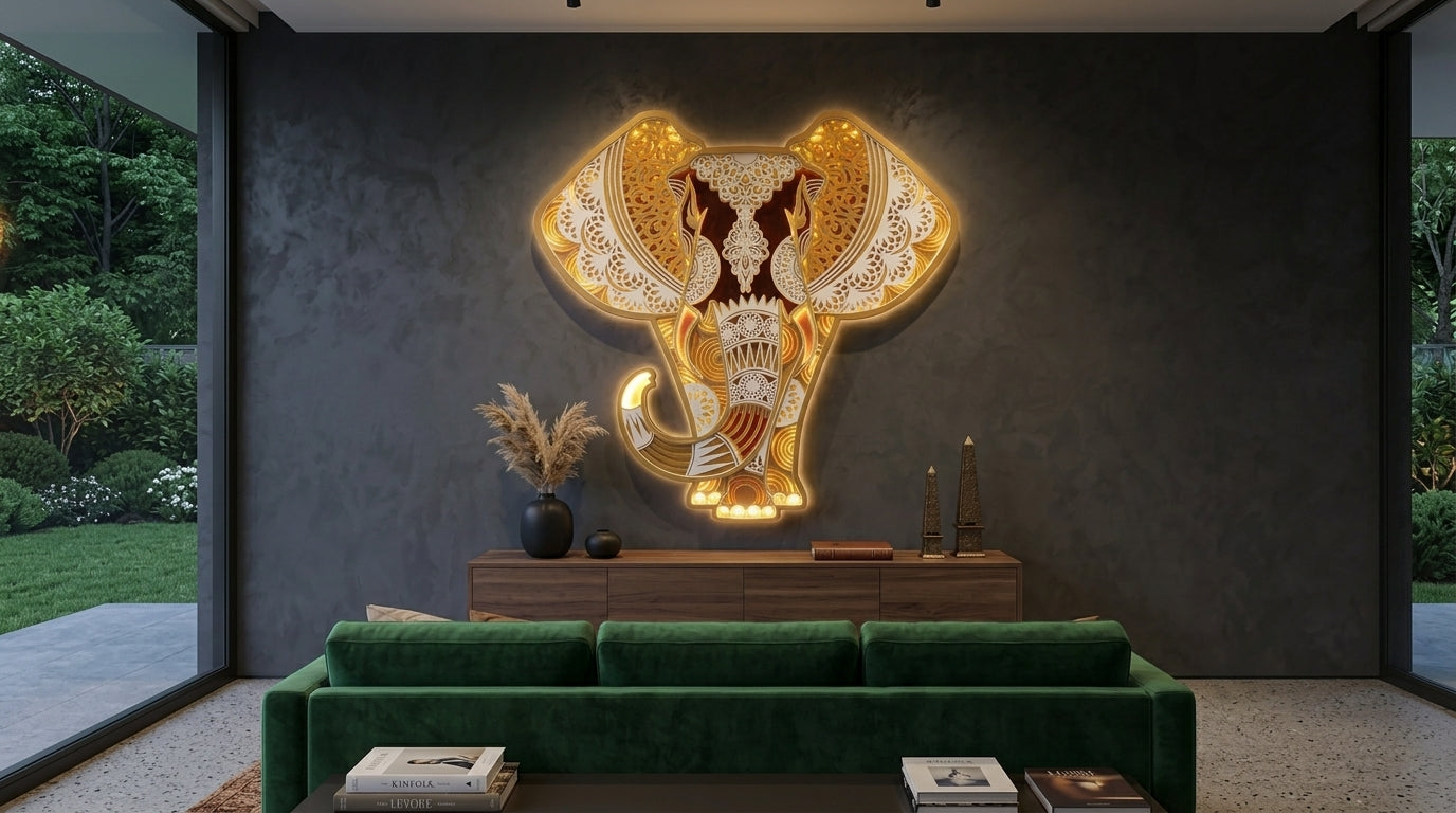 3D Layered Wooden Elephant Mandala Wall Art with LED Lights at night with LED lights on