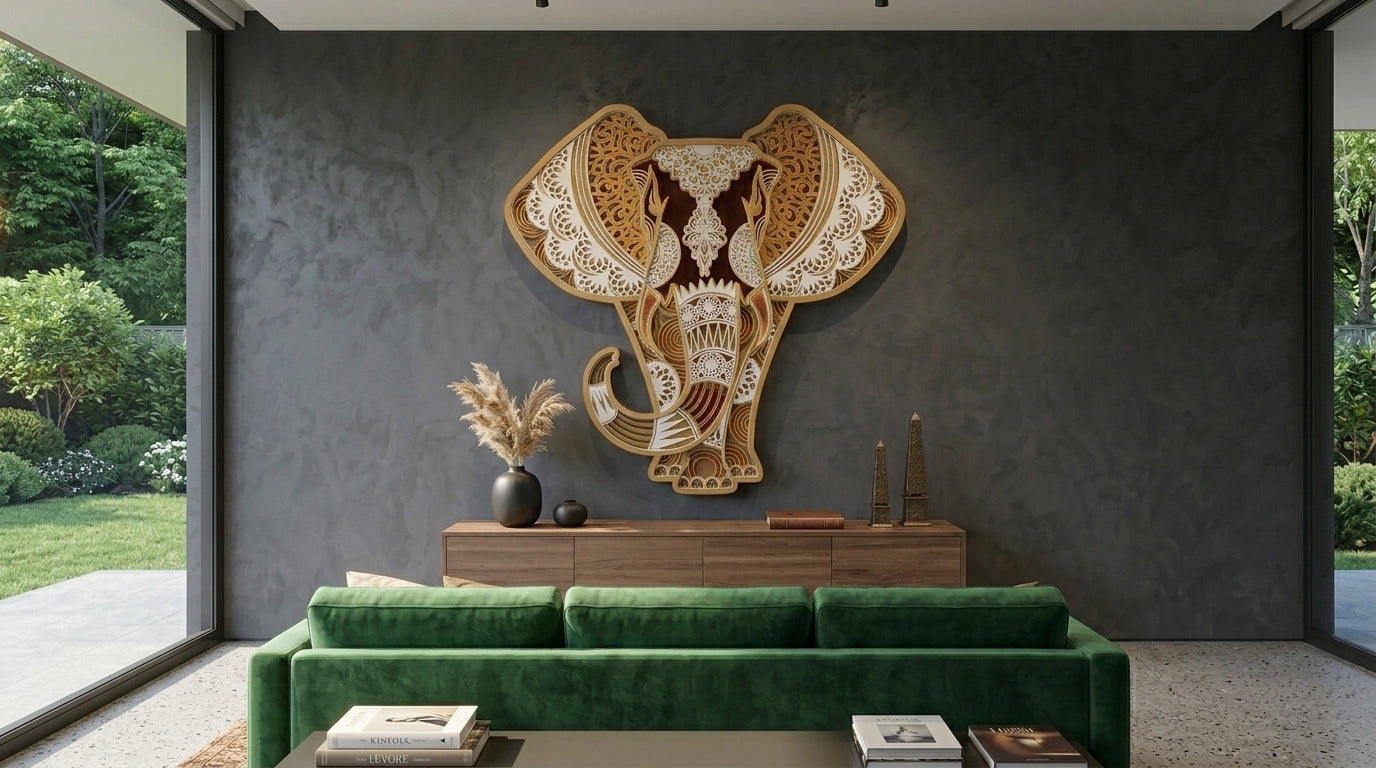 3D Layered Wooden Elephant Mandala Wall Art with LED Lights in daylight with LED lights off