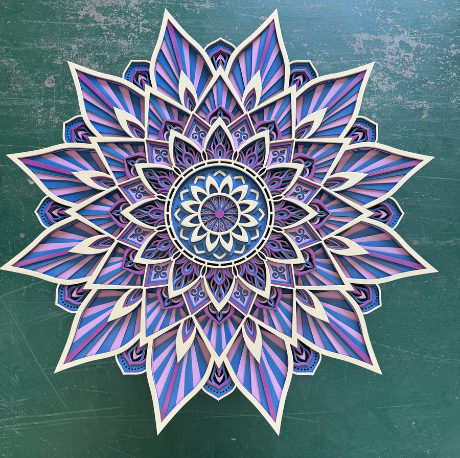 Actual photo of Nirvana Mandala-Handcrafted 9-Layer 3D Wooden Mandala Wall Art | Indigo & Amethyst Geometric Decor