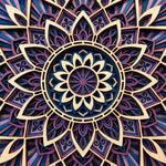 A symmetrical mandala-style geometric pattern with layered petal and circular motifs in cream, purple, blue, and dark navy tones. image 3