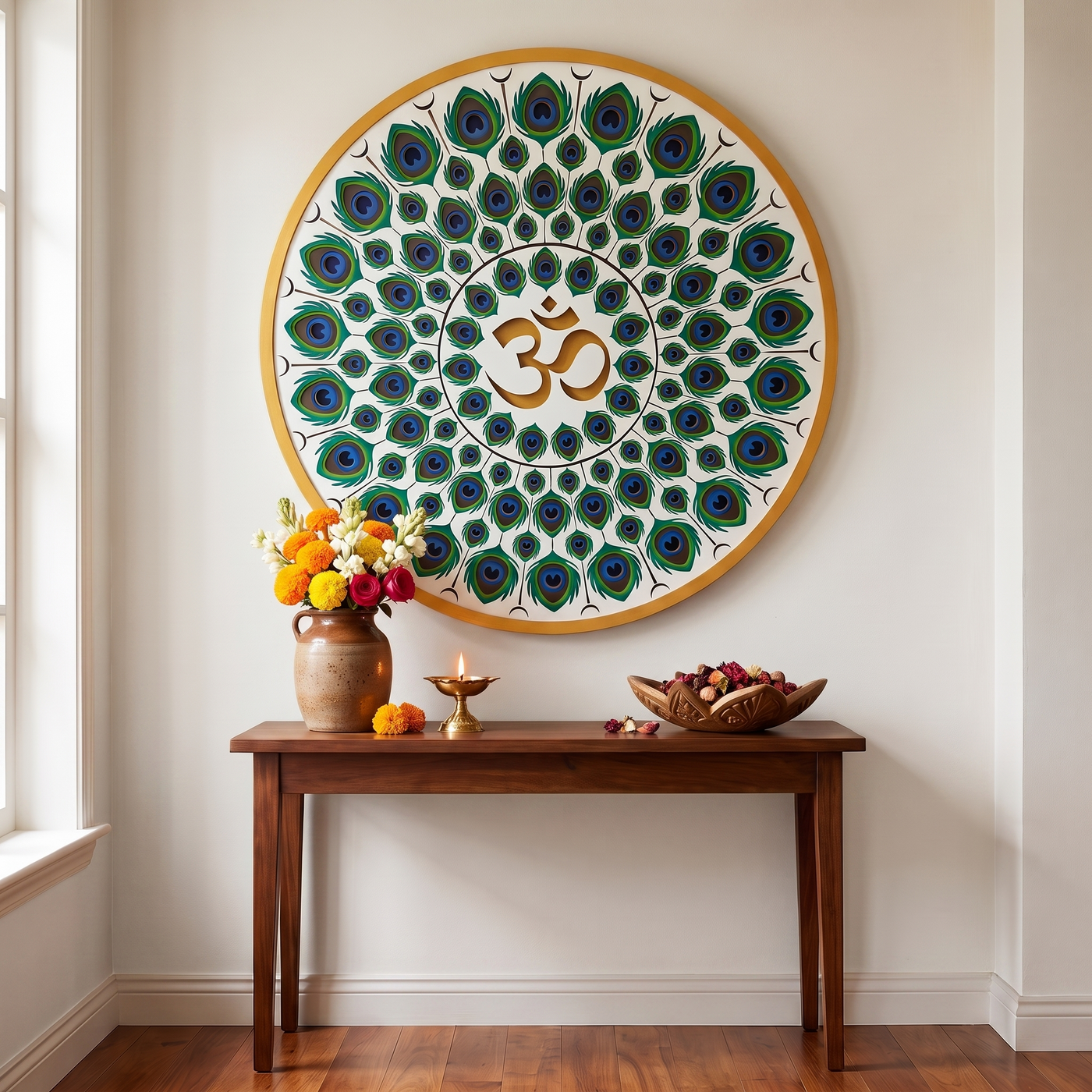 Divine Peacock Feather Om Mandala Wall Art – Backlit LED Illuminated Spiritual Decor with Remote Control shown in a room
