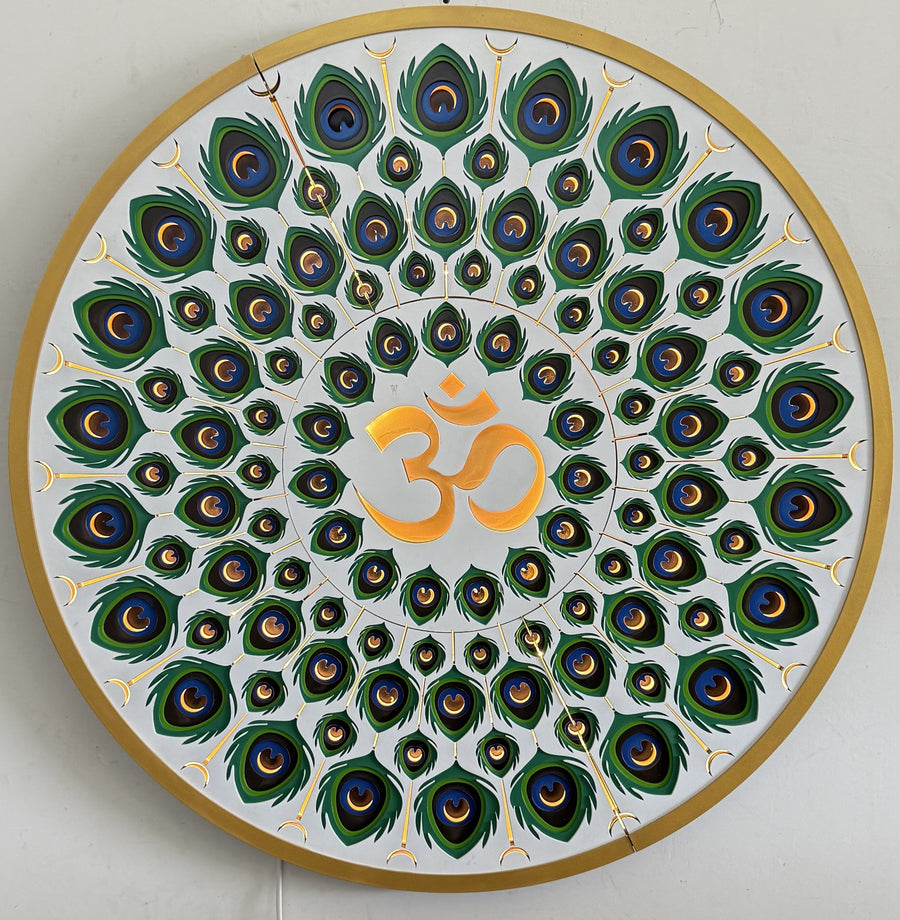 Actual photo of Divine Peacock Feather Om Mandala Wall Art – Backlit LED Illuminated Spiritual Decor with Remote Control