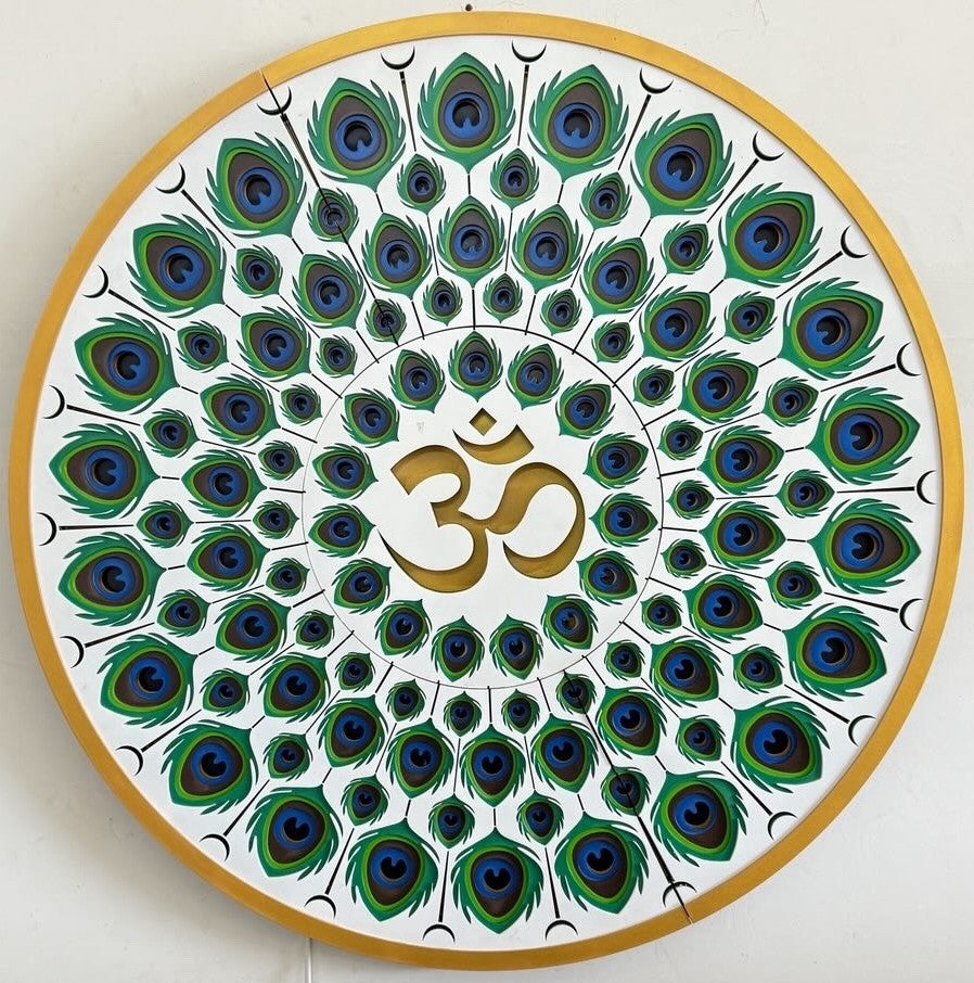 Actual photo of Divine Peacock Feather Om Mandala Wall Art – Backlit LED Illuminated Spiritual Decor with Remote Control