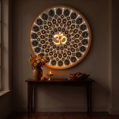 Divine Peacock Feather Om Mandala Wall Art – Backlit LED Illuminated Spiritual Decor with Remote Control