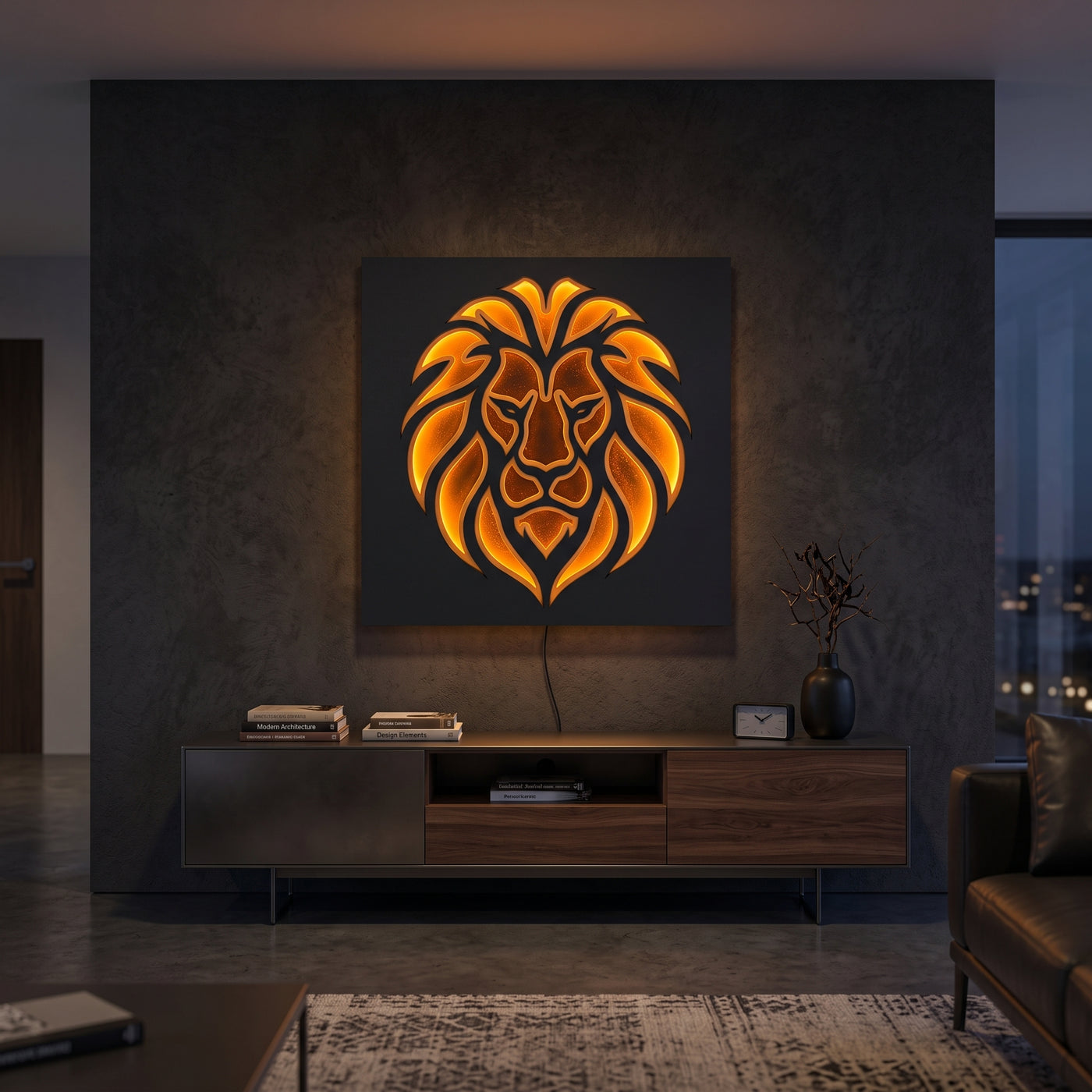 Majestic Lion 3D Multi-Layered Backlit Wooden Wall Art | Illuminated Wild Animal Relief Frame shown in a room