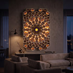 A large rectangular wall art piece with an intricate illuminated mandala and geometric pattern, mounted on a textured wall above a sofa in a modern living room. image 2