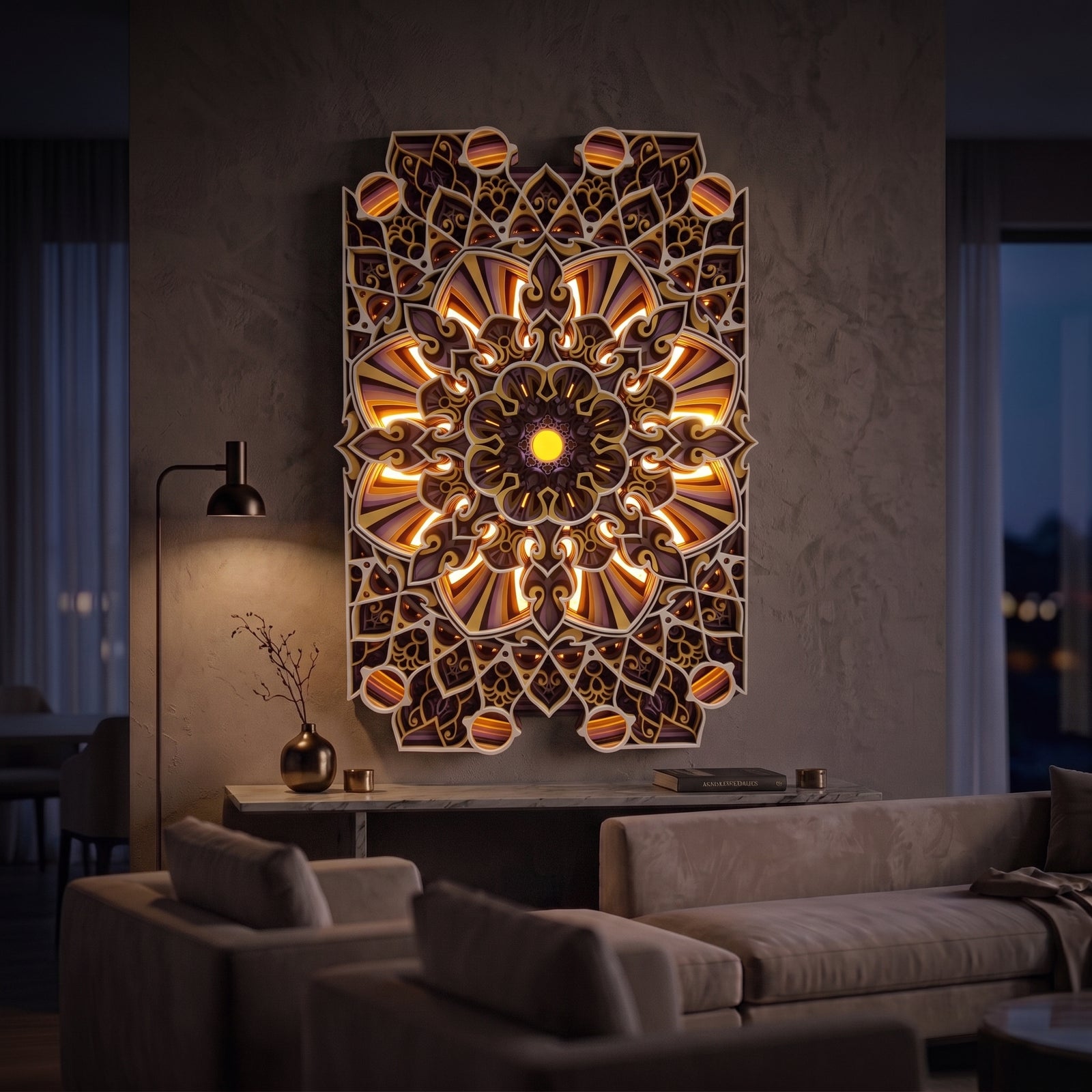 Prism Multi-Layered Wooden Mandala Wall Art Frame at night with LED lights on