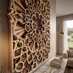 Large 3D laser-cut wooden wall art with an intricate mandala pattern in warm brown, gold, and purple tones, displayed in a modern living room setting. image 7
