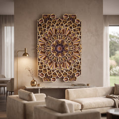 Large rectangular wall art with an intricate geometric and floral mandala pattern in gold, bronze, and purple tones, displayed on a beige wall above a console table in a modern living room.