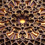 Close-up of an ornate circular mandala-like decorative object with layered carved geometric and floral patterns in warm gold, bronze, and dark brown tones, with glowing light visible through the cutout sections. image 5