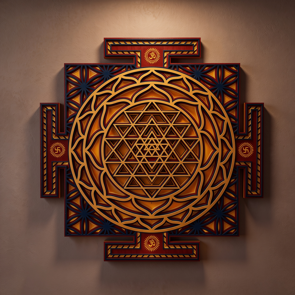 Shree Yantra LED Wall Decor Wooden Mandala Wall Art for Home & Office | Vastu Spiritual Wall Hanging with Lights in daylight with LED lights off