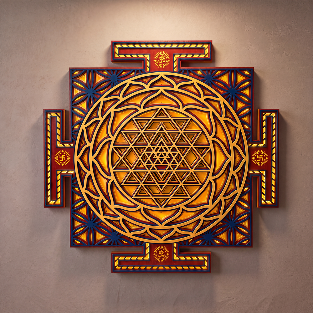 Shree Yantra LED Wall Decor Wooden Mandala Wall Art for Home & Office | Vastu Spiritual Wall Hanging with Lights at night with LED lights on