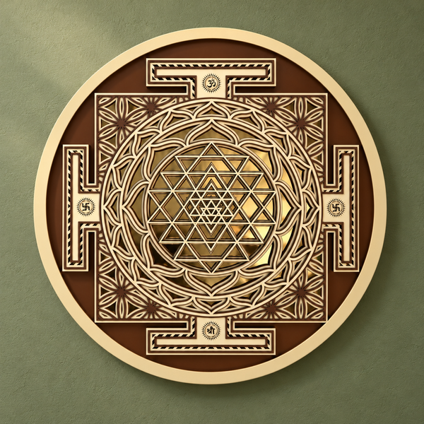 Shree Yantra Wooden Wall Art with Gold Mirror Finish