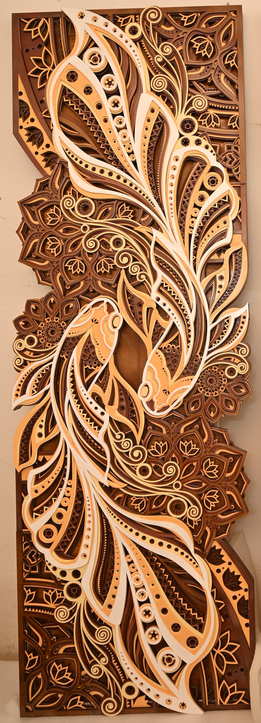 Actual photo of Dual Fish 3D Multi-Layered Wooden Mandala Wall Art Frame with Remote-Controlled LED Backlight