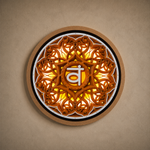 A circular LED mandala wall light with intricate layered cutouts in warm brown, orange, and white, featuring a glowing yellow chakra symbol in the center, mounted on a textured beige wall. image 12