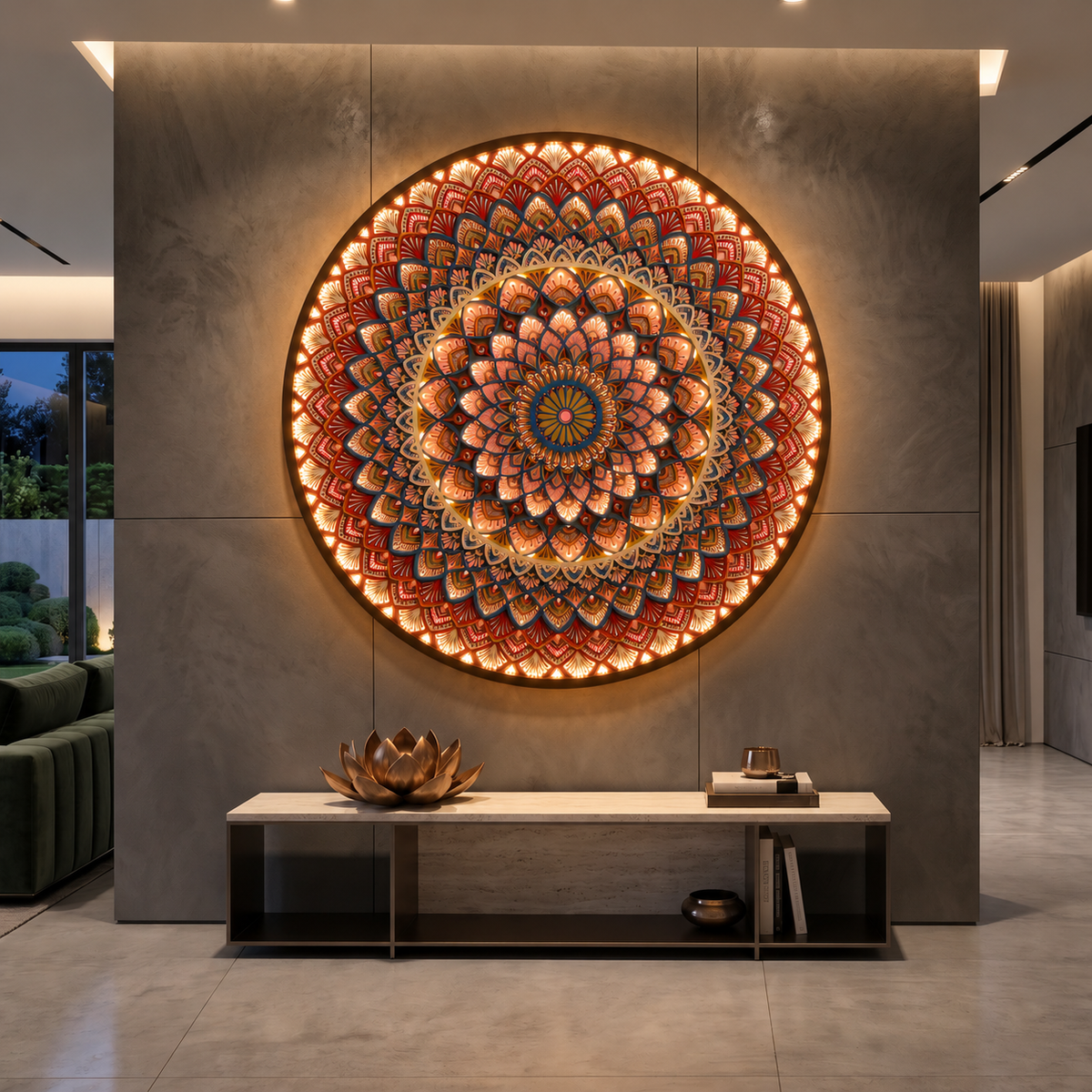 The Chakra Mandala – Multi-Layer Handcrafted Wooden Mandala Wall Art with Remote-Controlled LED Backlight at night with LED lights on