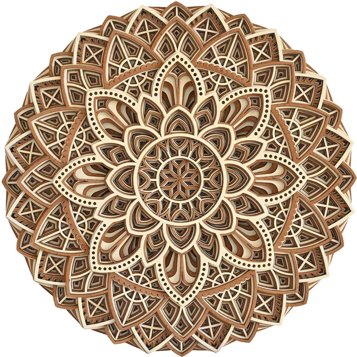 Flower Inspired Multi Layered Wooden Mandala 13.5″ x 13.5″ inches shown in a room