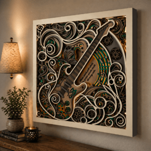 Guitar Mandala frame with LED lights closeup photo