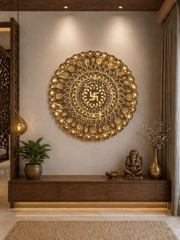 Premium Multi Layered Swastik Mandala Wall Frame with LED Lights – Wooden Spiritual Wall Decor for Home & Office