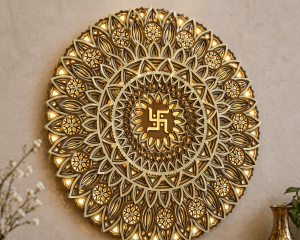 Premium Multi Layered Swastik Mandala Wall Frame with LED Lights – Wooden Spiritual Wall Decor for Home & Office